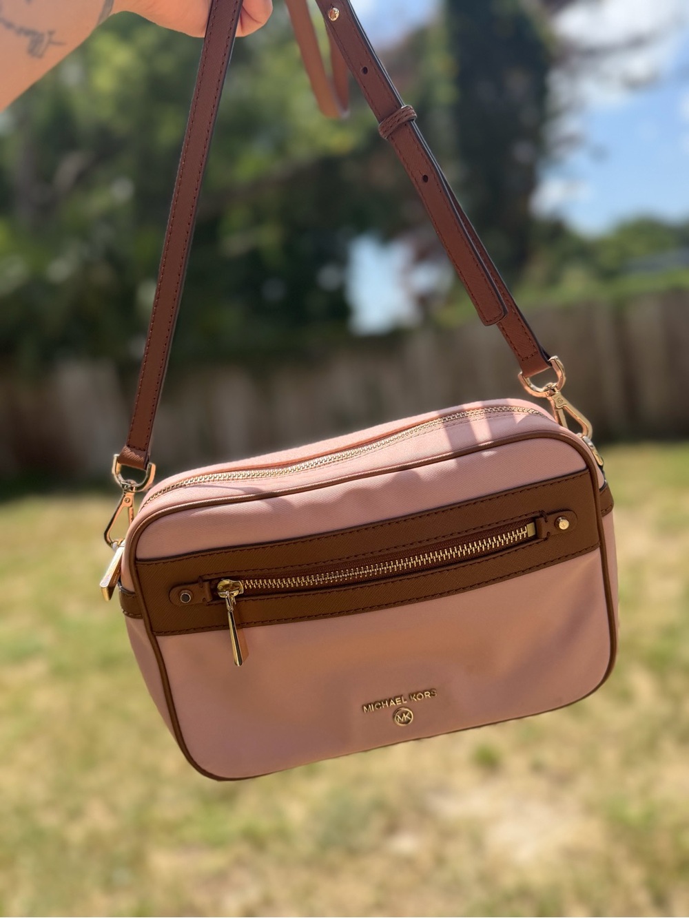 Michael Kors Blush Pink and Brown Crossbody Camera Bag